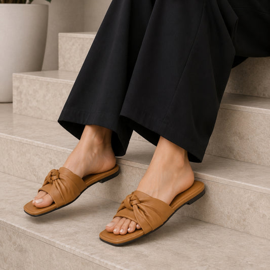 Toe Flat Mule Shoes (Tan Brown)